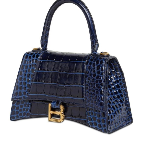 *SOLD* Balenciaga Small Blue Hourglass Croc-embossed Leather Top Handle Bag - Picture 3 of 7